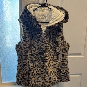 Leopard Print Faux Fur Vest with Hood